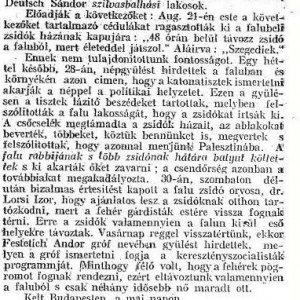 Részlet a „A dunántúli zsidóüldözések aktáiból.” (Forrás: Egyenlőség, 1919. 09. 25., 4. o.)
